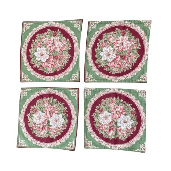 Christmas Napkins Or Placemats Pink White Poinsettia Handmade Set of 4 - Picture 1 of 3